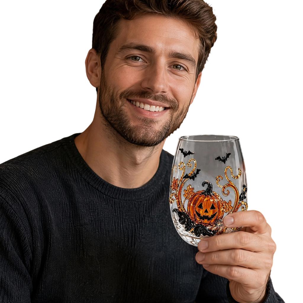 Halloween Handmade Embossed 3D Glass Cup Pumpkin Ghost Black Cat Spider Web Bat Star Handleless Tumbler for Fall Party