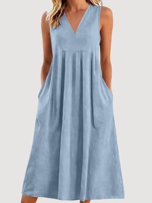 European-American Retro V-Neck Sleeveless Cotton-Linen Pocket Dress - Casual, Loose-Fit Women's Spring/Summer Fashion.