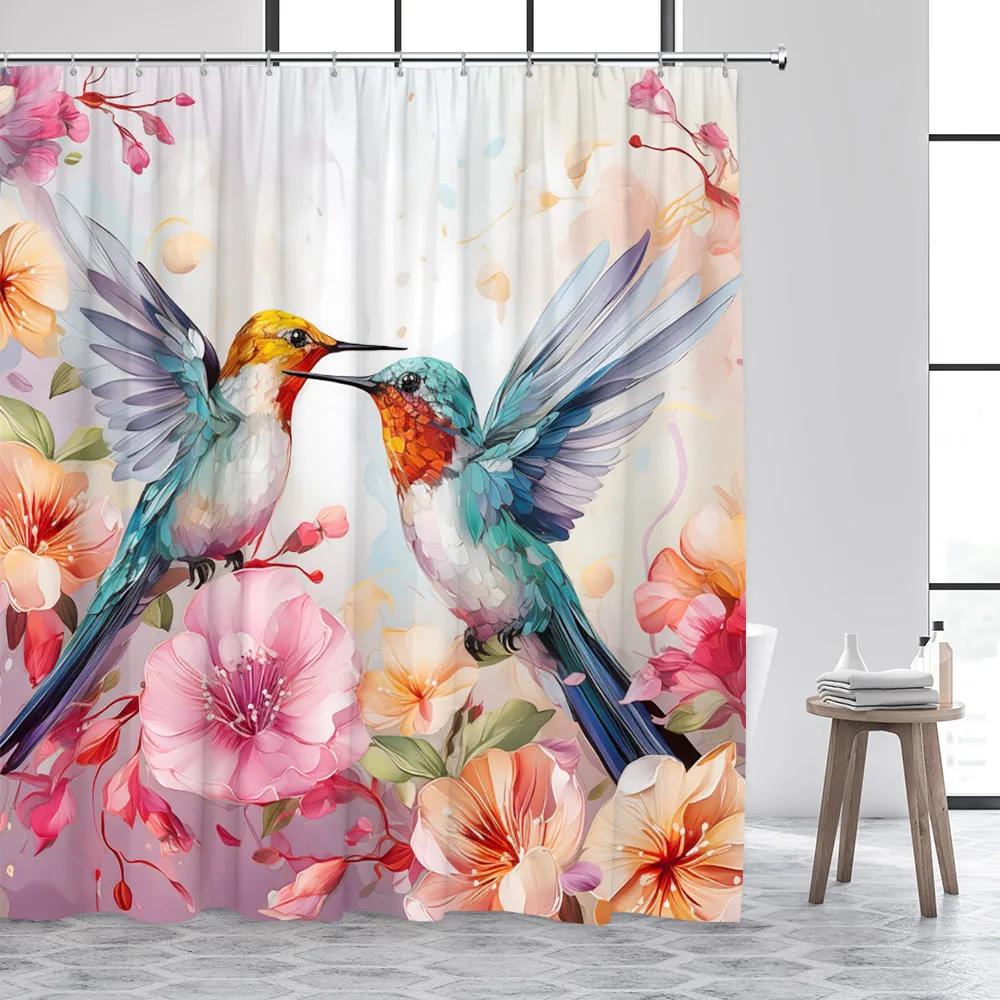 Hummingbird Shower Curtain Spring Flower Watercolor Farm Plant Green Leaf Butterfly Cute Cat Polyester Fabric Bathroom Decor Set
