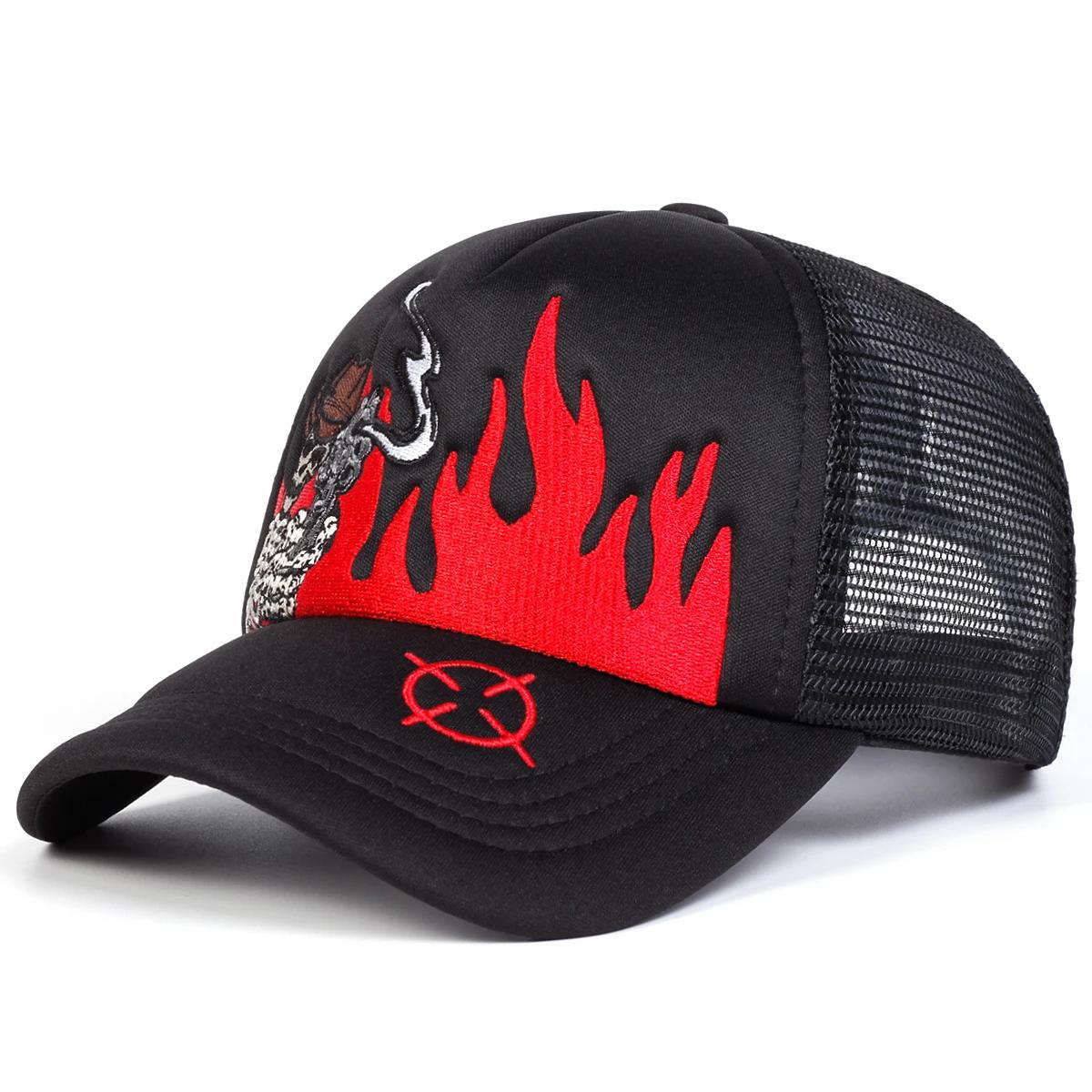 Unisex Schädel Flamme Stickerei Baseball Netzmützen Frühling und Sommer Outdoor Verstellbar Lässig Hüte Sonnenschutzmütze Sportkappe red