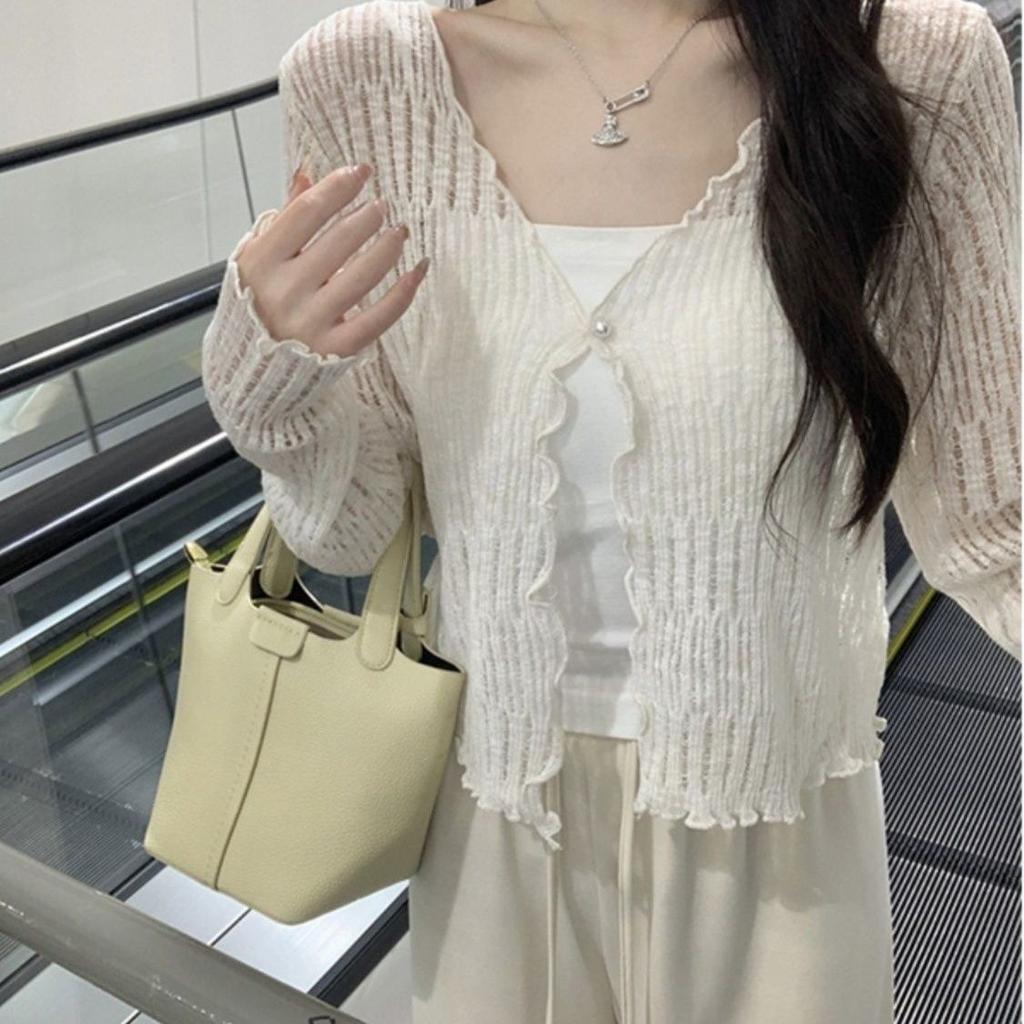Summer Thin Sun Protection Coat Short Knit Cardigan Hollow Out V-neck Long Sleeve Shawl Top Air Conditioning Cover Up