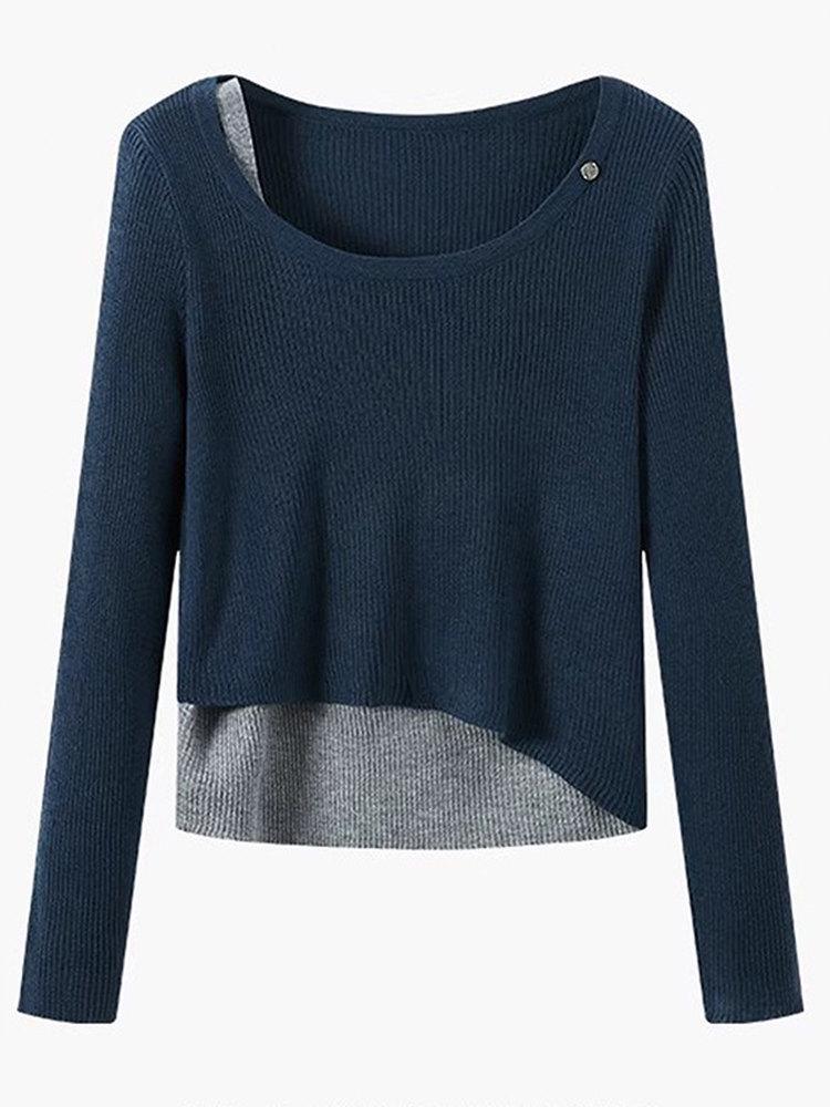 2026 Spring Women's Asymmetrical Patchwork Ribbed Knit Sweater - Slimming Two-Piece Look