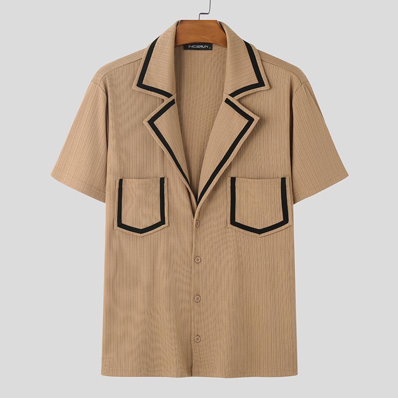 INCERUN Oversized Men Lapel V Neck Stitching Casual Summer T-shirts Tops