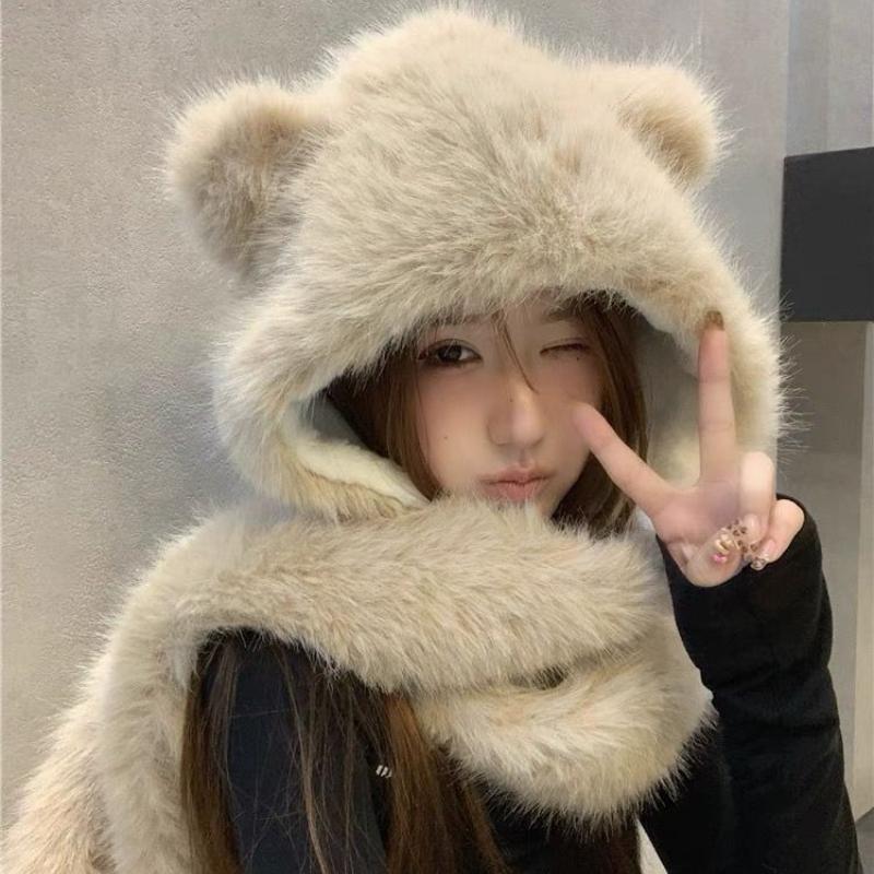 Women's Autumn Winter Bear Ear Hat Scarf Glove Integrated Cold Resistant Warm Plush Hat Neck Warmer Gloves