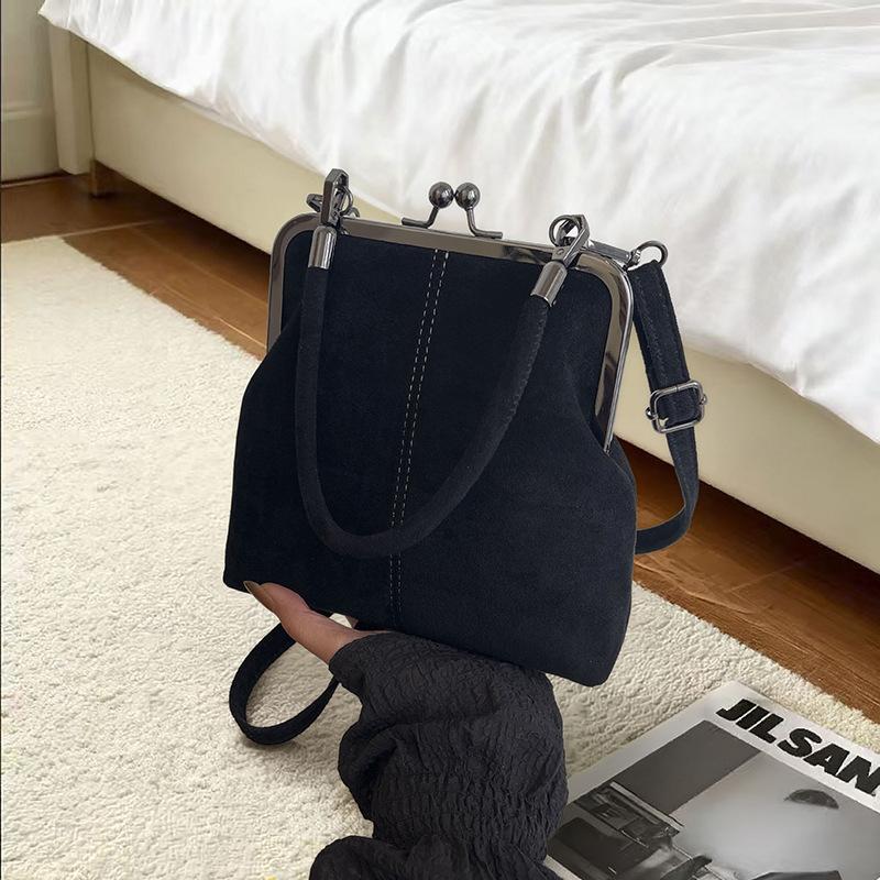 Large Capacity Retro Frosted Handbag Kiss Lock Short Handle Leather Crossbody Bag Clip Closure PU Clutch Shoulder Bag