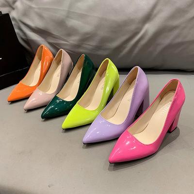 10cm High Heel Colorful Pumps Women's Shoes Pointed Toe Fashion Red 3.9inch Chunky Heels Patent Leather Female Plus Size