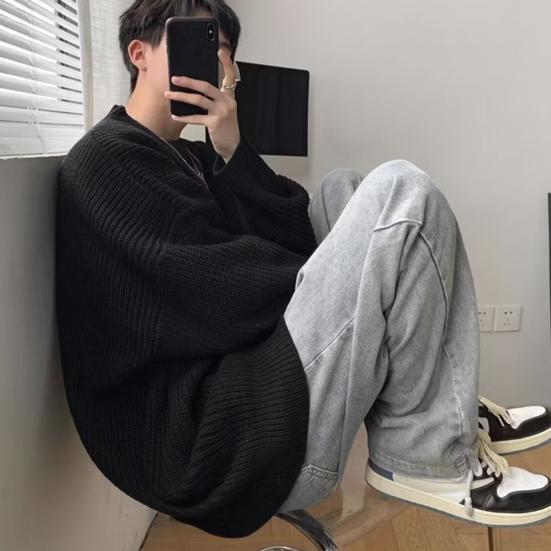 Podzimní Jarní Svetr Kulatý Výstřih Volný Jednobarevný Dlouhý Rukáv Pletený Pulovr Pružný Ležérní Denní Nošení