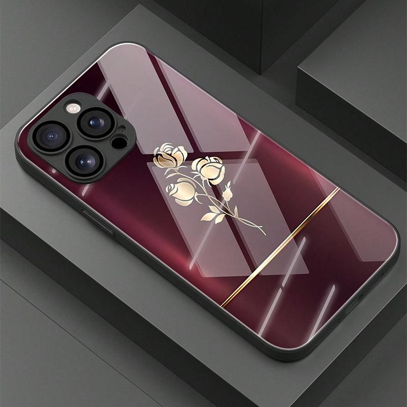 Goldene Rose Muster Gehärtetes Glas Handyhülle Für iPhone 17 16 15 14 13 12 11 Pro Max 17Air 16E 7 8 Plus XR XS X Stoßfeste Hülle