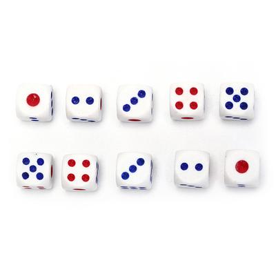 10 Stück 10 mm hochwertige Glücksspielwürfel, weiß mit blauen und roten Punkten, sechsseitige Punktwürfel, Pokerchips für KTV-Pub-Partys