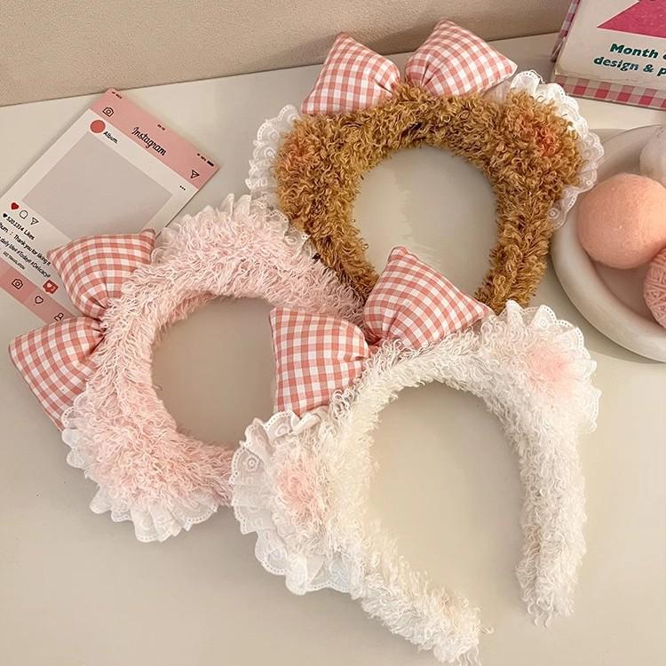 Sweetheart Blush Bow & Lace Bear Ear Headband for Makeup