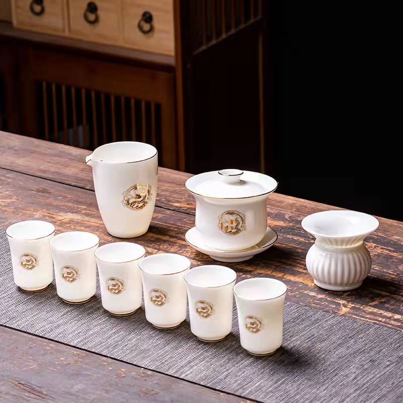 White Porcelain Tea Bowl Suet Jade Kung Fu Tea Set Ceramic Cover Bowl Teacup Annual Meeting Business Gift Set Formulation