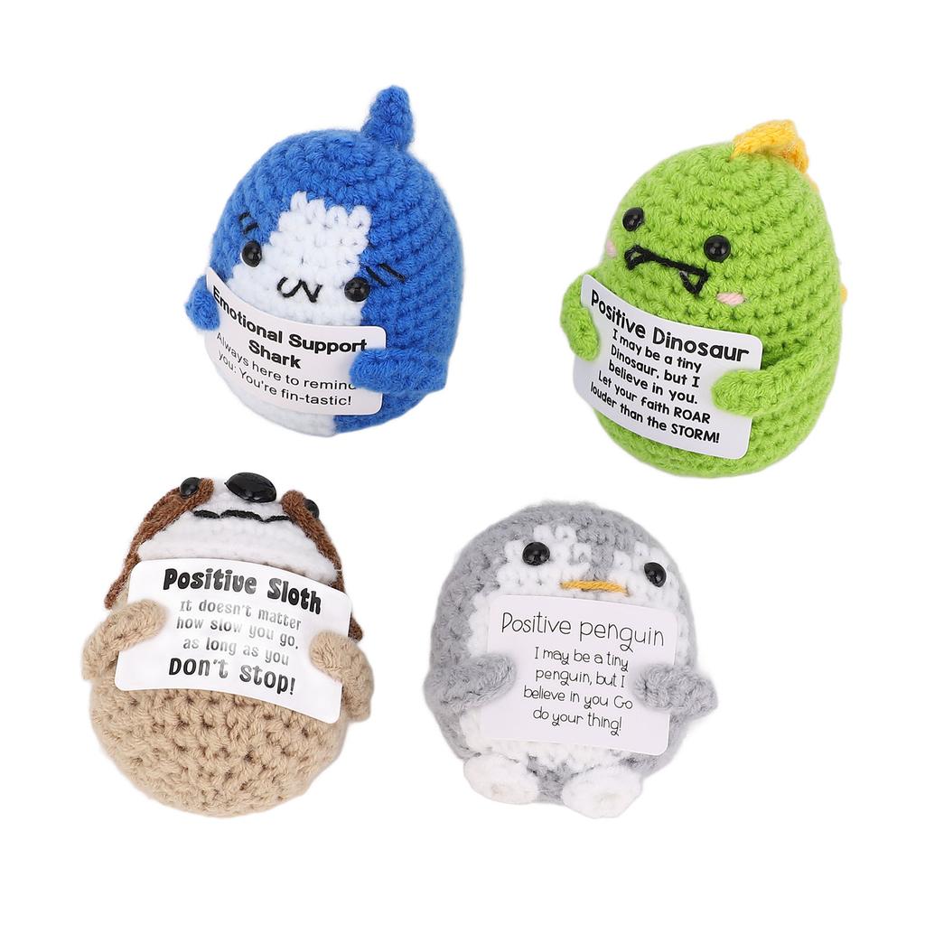 4 Pcs Crochet Animal Grey Penguin Blue Shark Dinosaur Sloth Emotional Support Positive Knitted