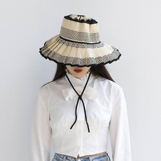 Women Straw Hat Plaid Print Summer Foldable Hat Wide Brim UV Protection Lightweight Breathable Beach Sun Hat