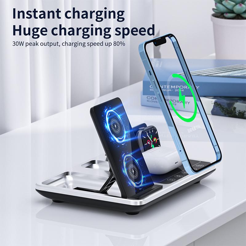 4in1 Wireless Chargers 30W Fast Charging Support iPhone 15 14 13 12 Samsung Phone Ultra-thin Mobile Phone Charger with Clock