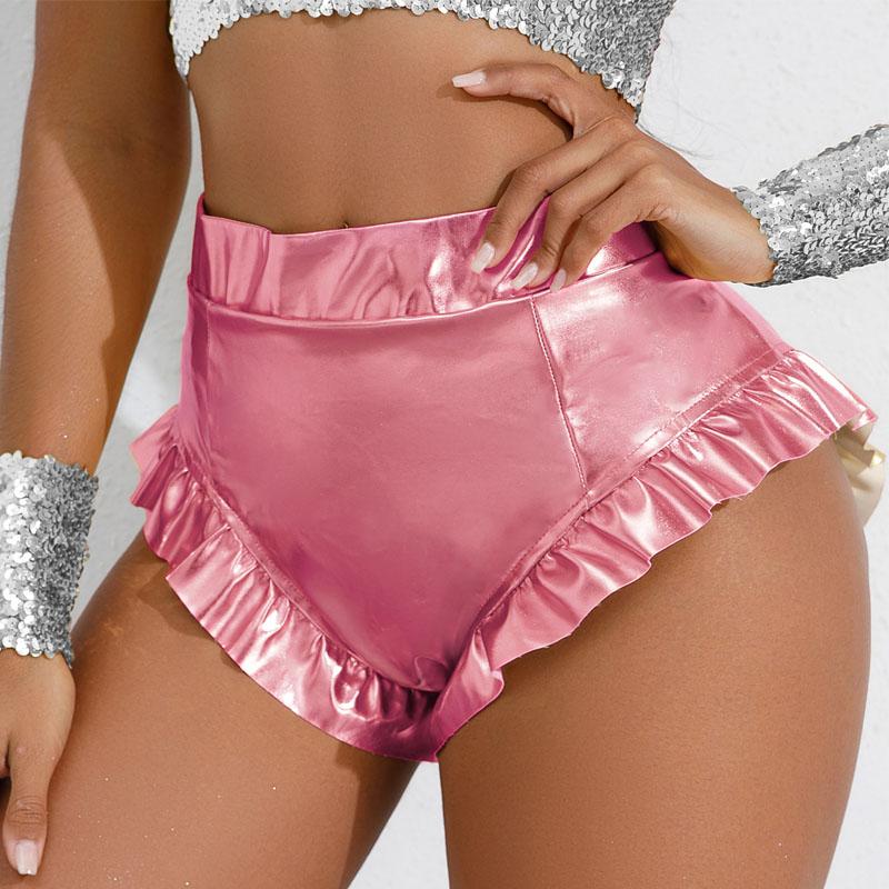 

Женские шорты из искусственной кожи, сексуальные шорты с металлическим принтом и оборками, шорты с высокой талией, блестящие облегающие шорты для клубных танцев L розовый