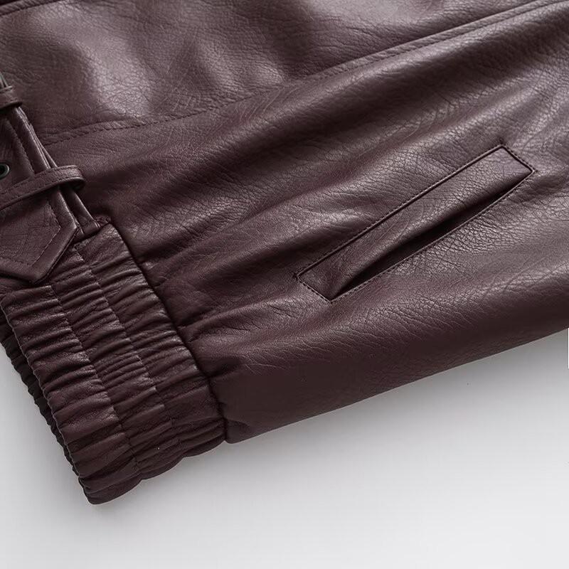 Womens Oversized Vintage Streetwear Leather Jacket Black Purple Loose Fit Zipper Front Mid-Length Fall 2025