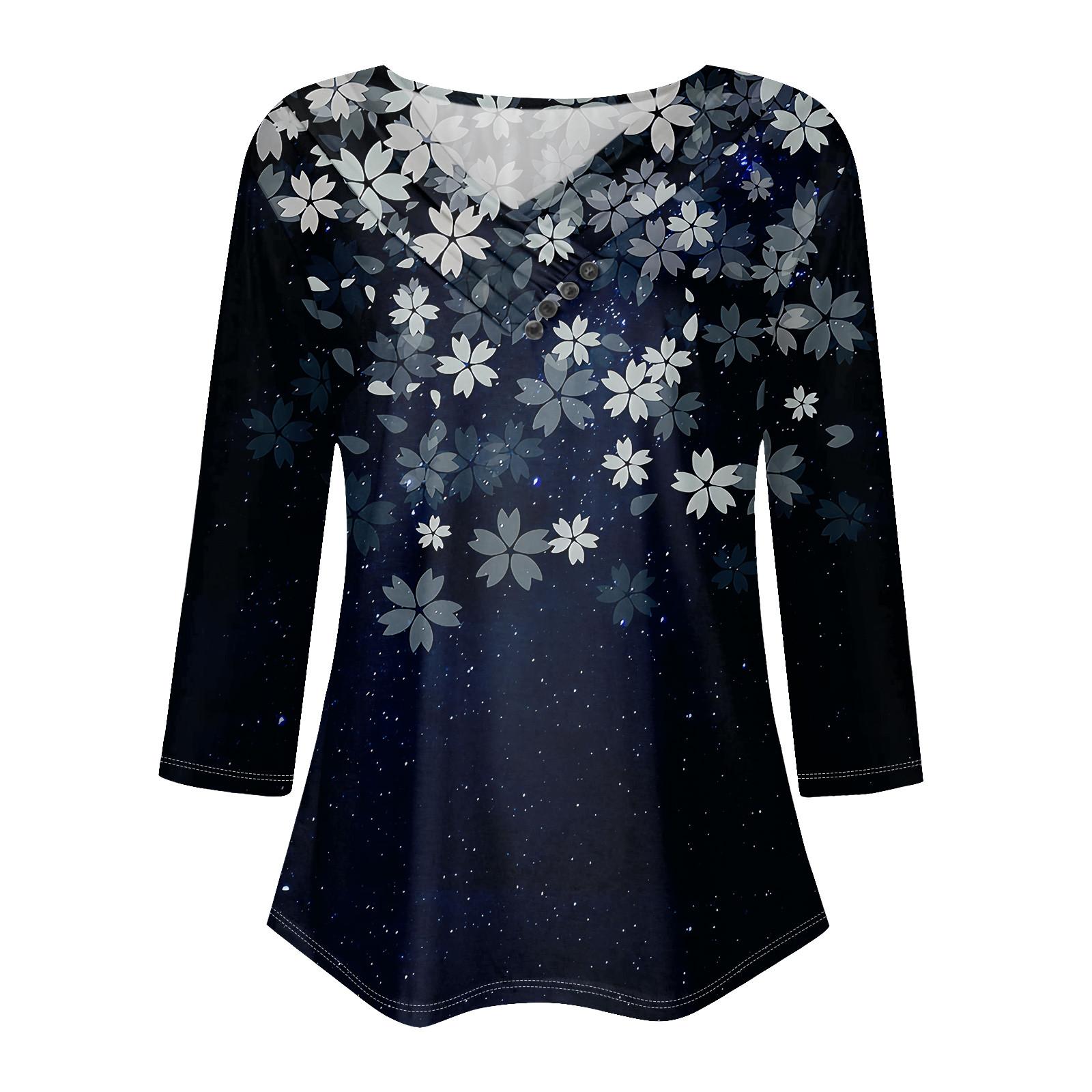 Женские повседневные футболки с рукавом 3/4 для выходных с V-образным вырезом и принтом — фото 4