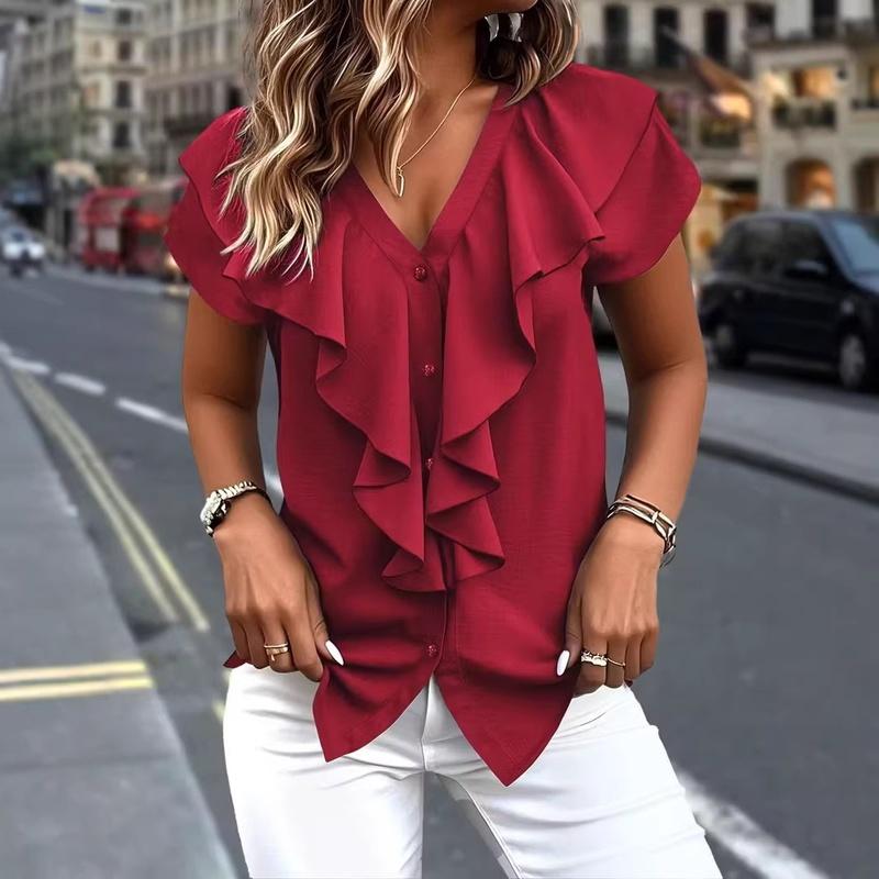 Women's V Neck Ruffle Short Sleeve Chiffon Blouse Solid Color Loose Summer Office Top
