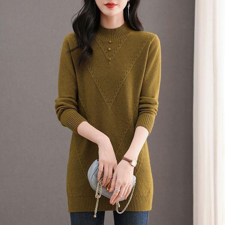 Half Turtleneck Sweater Dress for Women Solid Color Long-sleeved Mid-length Knitted Sweater Autumn and Winter Casual Loose Pullover