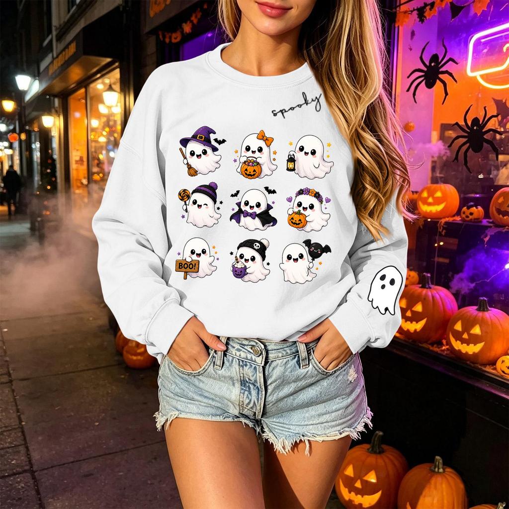 Unisex Lightweight Long Sleeve Neck Pullover Sweatshirt with Halloween Print