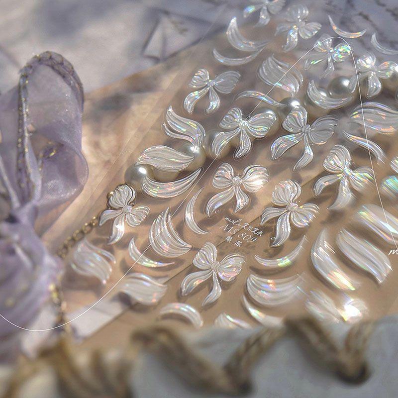 

White Bows Nail Stickers New Arrival Relief 3D 3D 5D Internet Celebrity Ins Ribbon Nail Stickers Decorations Ice through Bows 809