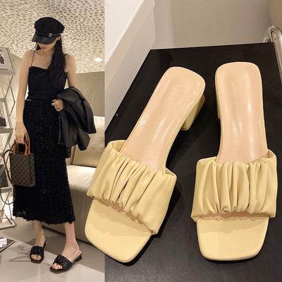 Flat Shoes Female Womens Slippers Outdoor Pantofle Low Big Size SlidesSummer Soft Fabric Hoof Heels Rubber Rome Pleated