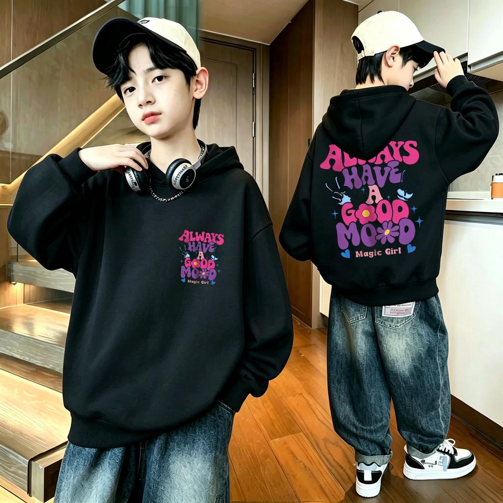 Children's long-sleeved hooded sweatshirt Always keep a good mood Double-sided letter print comfortable pullover sweatshirt