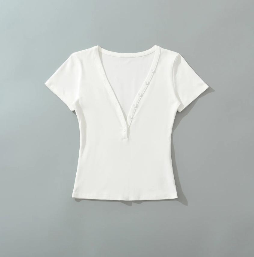 Sexy Deep V-neck Short-sleeved T-shirt Women's Summer New American Spice Girl Style Solid Color Slim-fitting and Thin Bottoming Top
