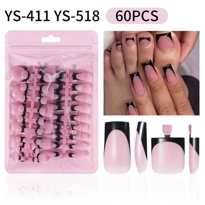 

60Pcs Wearable Short Square Foot Nails Set Press On Nail Square ToeNail Tips Summer French Gradient False Toe Nails black