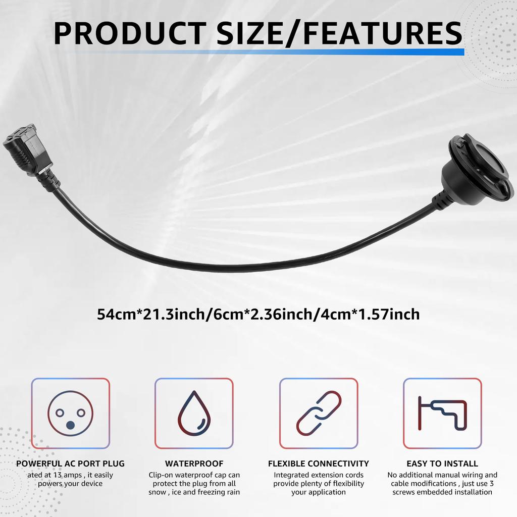10A-15A 125V RV Power Socket AC Port Plug Inlet Port Plug with 42cm Extension Cord and Waterproof Cover for RV Bumper Boat Truck