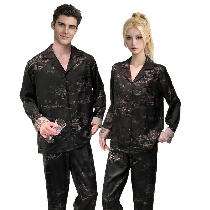 Men's and women's ice silk couple pajamas women's spring and autumn light luxury loungewear loose fashion jacquard men's pajamas set