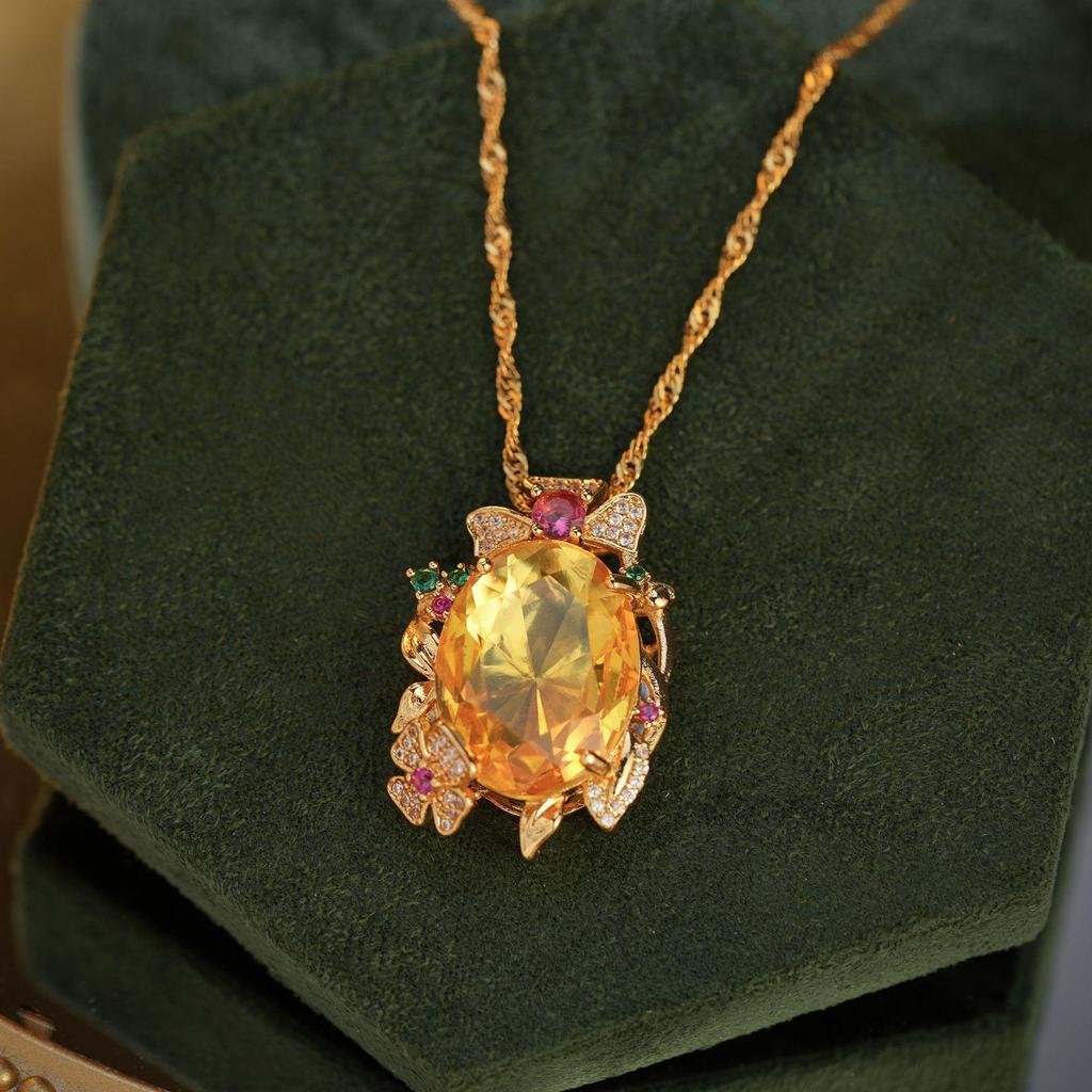 18K Gold Plated Yellow Crystal & Purple Tourmaline Pendant Ring Necklace with Colorful Gemstones.