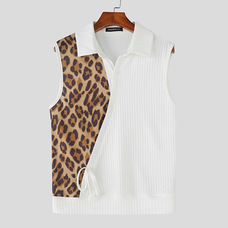 

INCERUN Summer Men Lapel Neck Sleeveless Leopard Patchwork Casual Rib Tank Tops 5XL белый