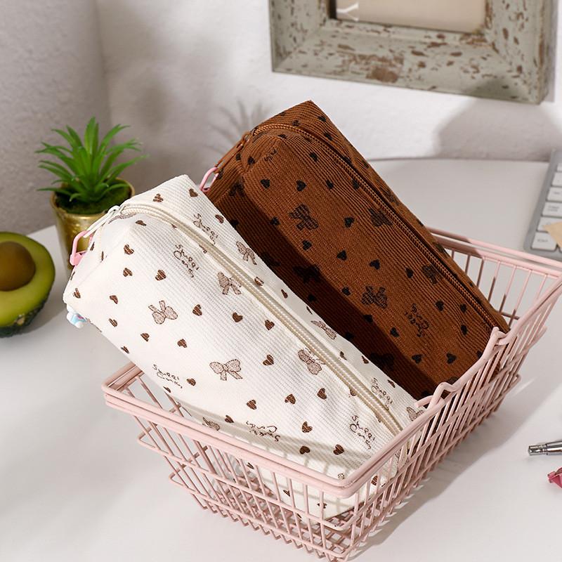 Casual Corduroy Cartoon Student Pen Case With Large Capacity For School And Office Use