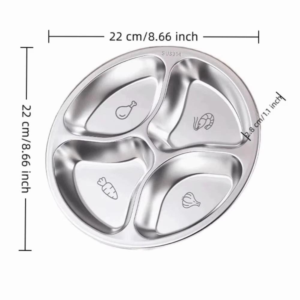 304 Stainless Steel Divided Plate Round Shape Four-grid Compartment Tray Large Capacity Kitchen Prep Tray
