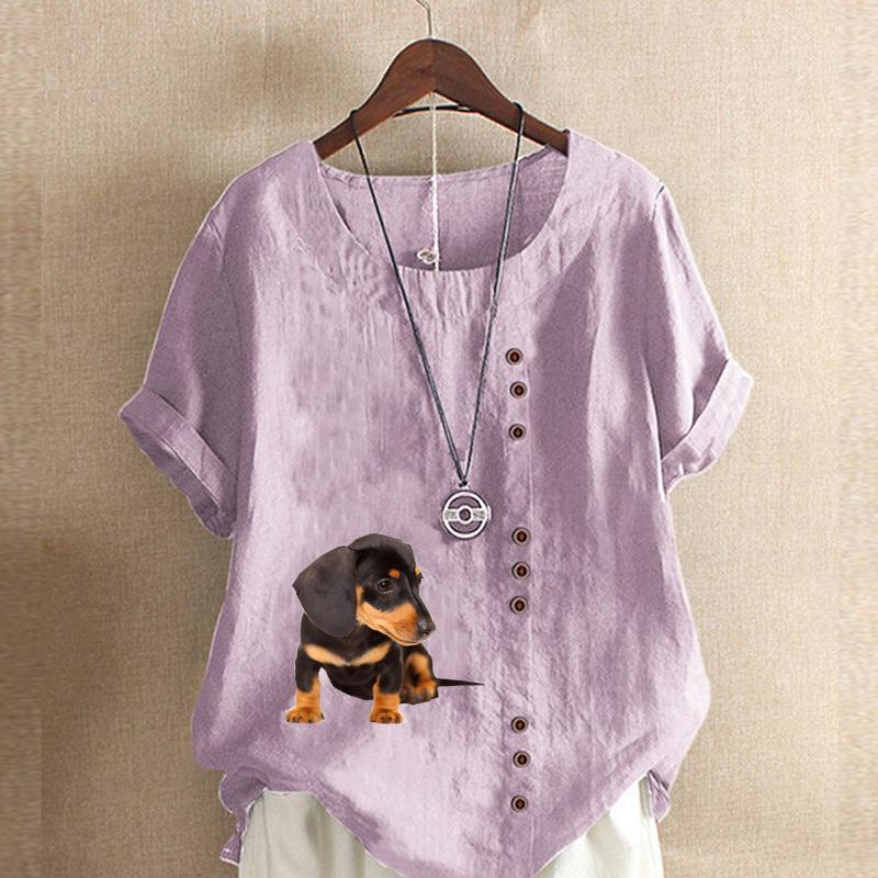 Women's New Fashion Linen Shirt Round Neck Short Sleeve Dog Printed T-shirt Summer Ladies Casual Plus Size Blouse Tops