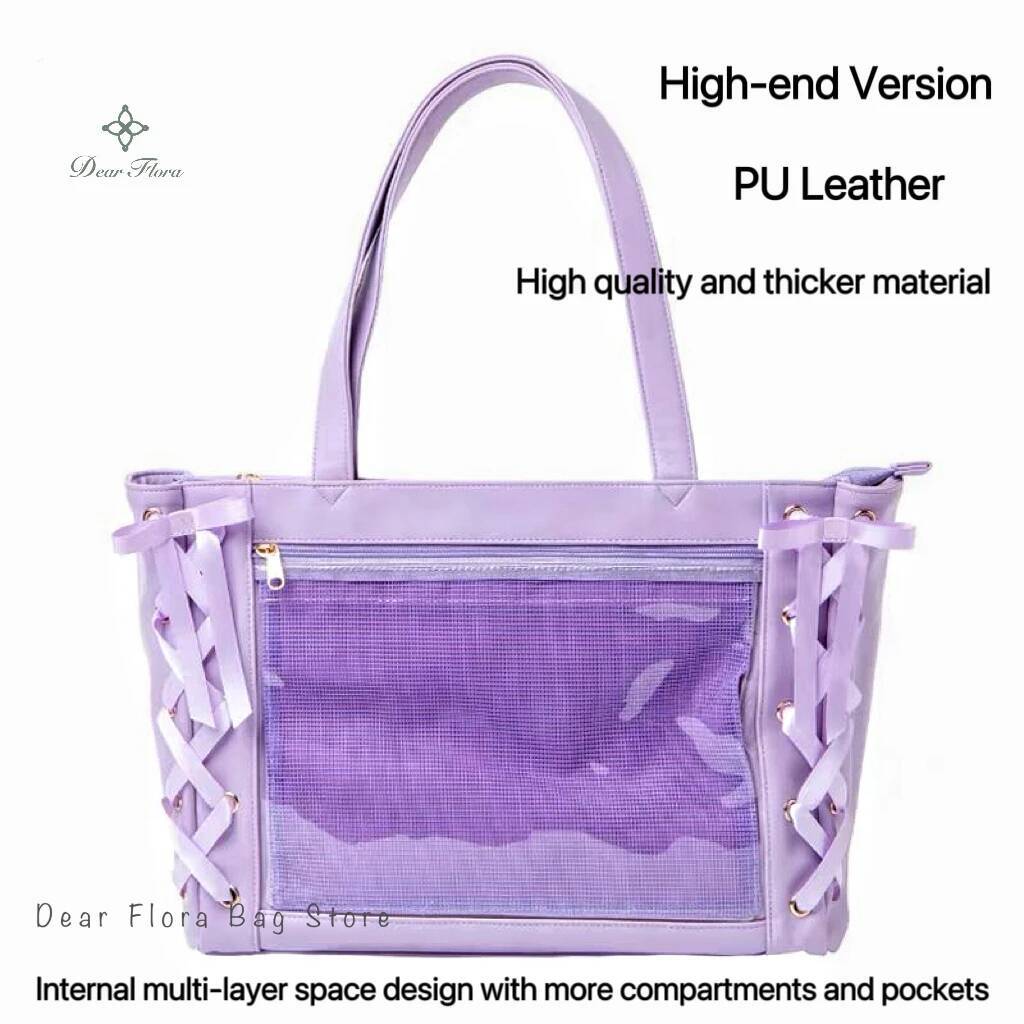 Japanese Sweet Women Ribbon Ita Bag Fashion Large Capacity Tote Bag Aesthetic Shoulder Bag Cute Lolita Girl Transparent Handbags