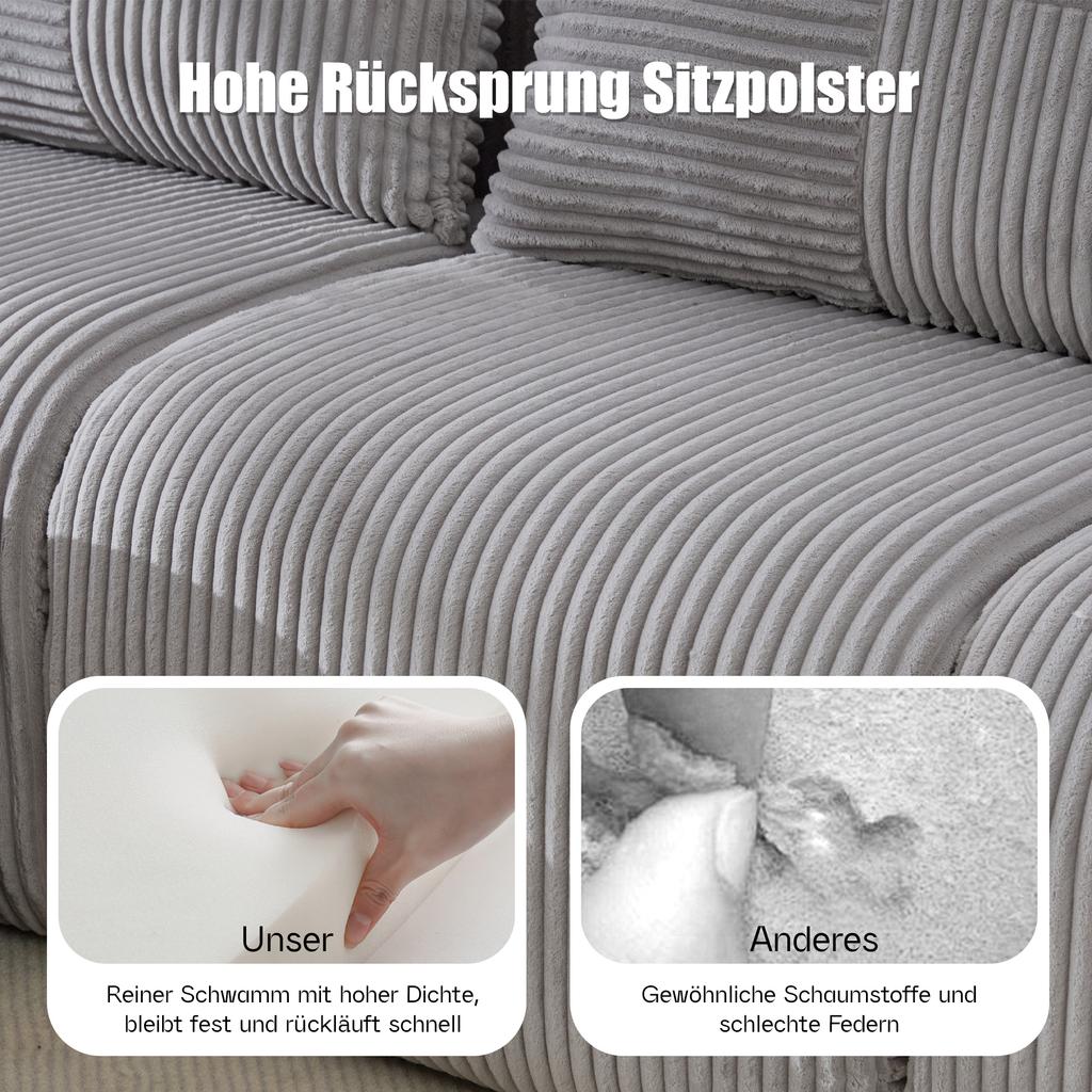 Modular Corduroy Sofa for 4 People (with 2 Stools), Freely Combinable, Including Drink Holder and Storage Pocket, Ideal for Living Room. Light Gray