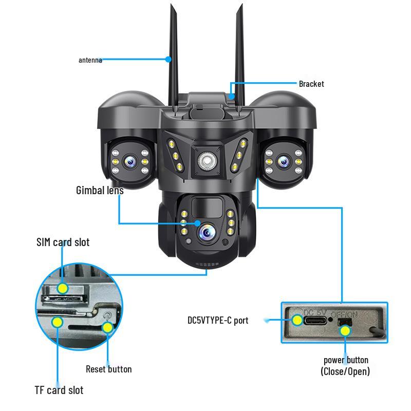 V380 True Triple-Lens Solar 4G Outdoor Waterproof Surveillance Camera