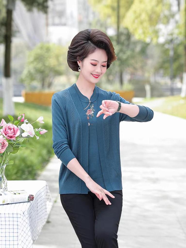 Spring & Autumn Light Jacket and Short Sleeve Summer T-shirt Set for Middle-aged and Elderly Women