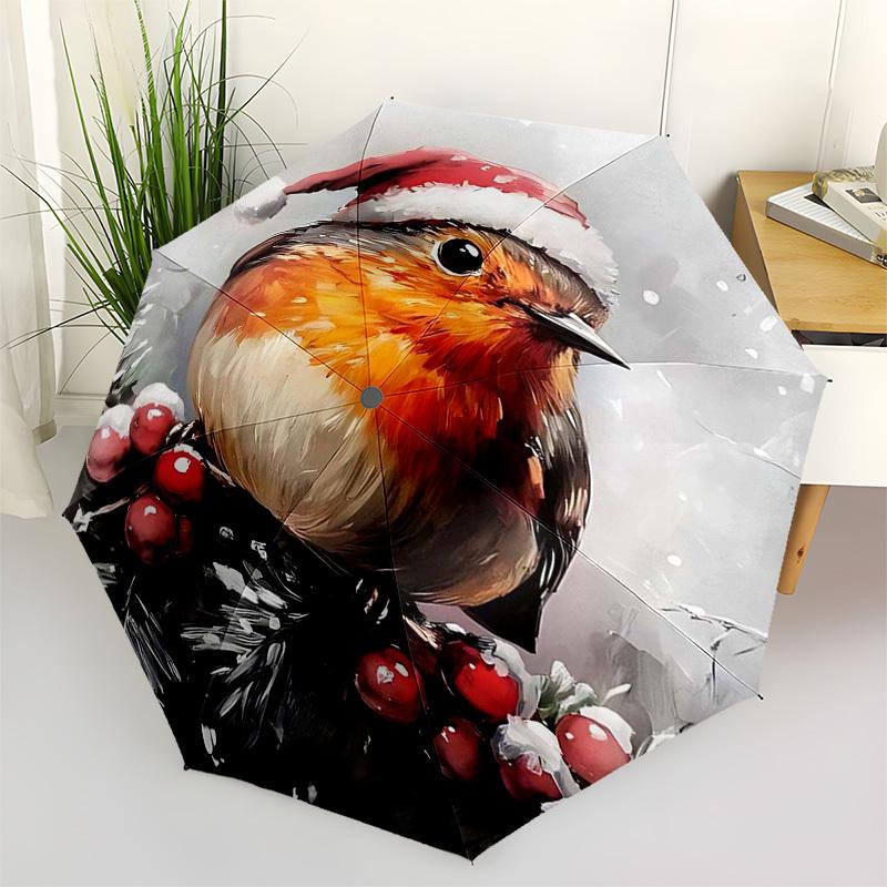 1pc Christmas Robin Santa Hat Automatic Folding Umbrella, Portable 3-Fold Design with 8-Bone Iron Frame, Outdoor, Gift for Fans, Travelers, Daily Use.