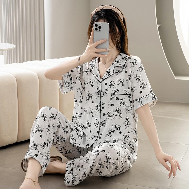 1011 new pajamas women's summer cloud cotton short-sleeved trousers two-piece set Japanese large-size printed loungewear autumn