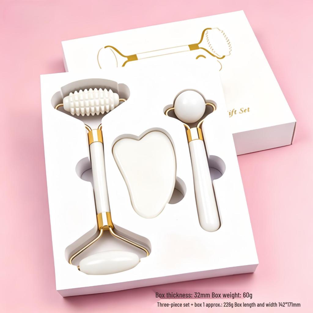 Heart-Shaped Rose Quartz Dual Roller & Massage Board Set - Non-Jade White Facial Tool