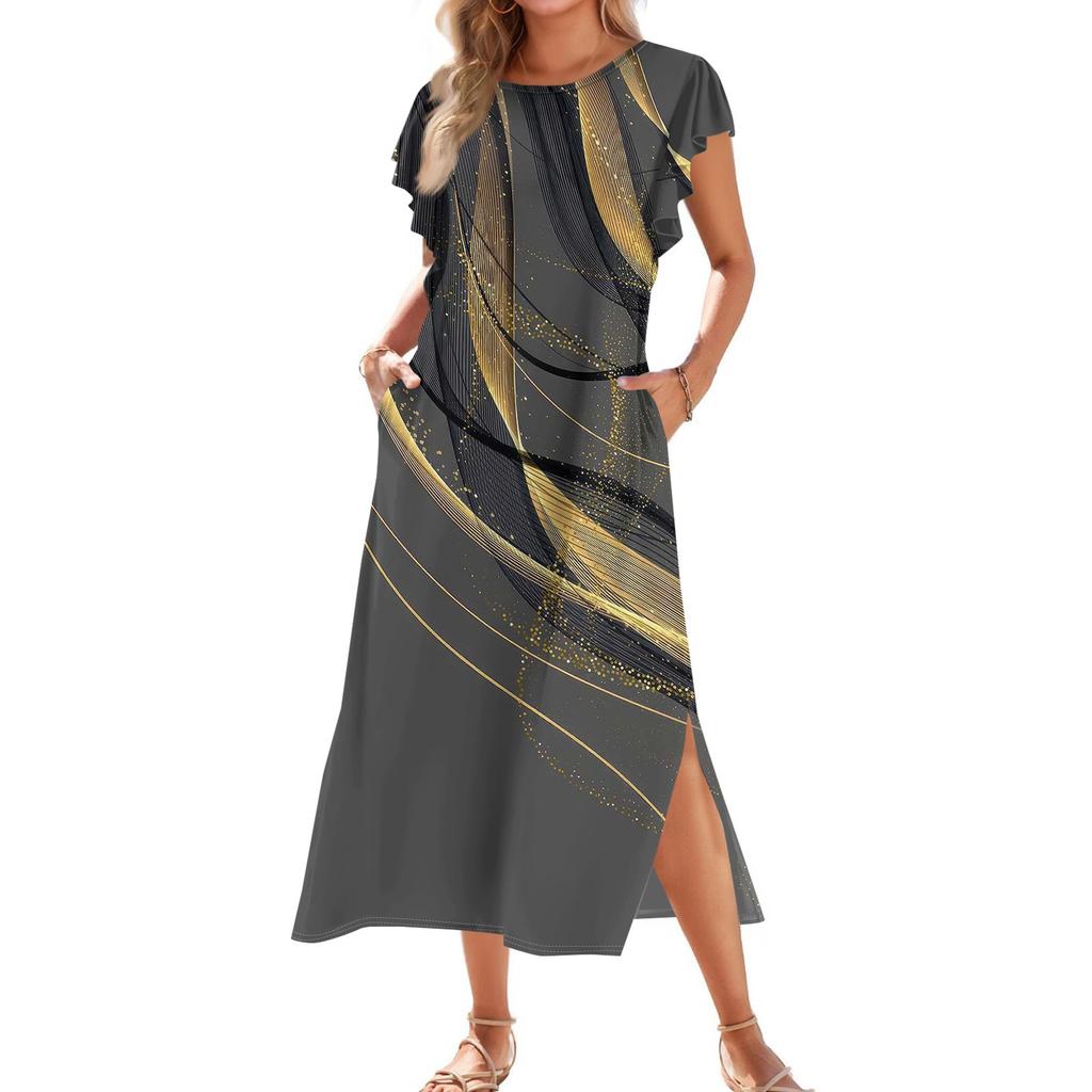 Ladies' Fashionable Summer Casual Pleated Sleeves, Loose Color Block Patchwork Printed Short-sleeved Round Tie Pocket Beach Dress