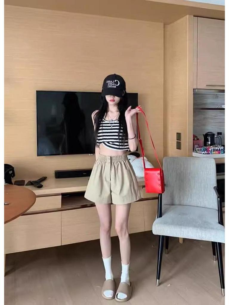 Women's Summer Washed Cotton Wide-Leg High Waist Shorts, Korean Style, Slimming, Solid Color, Versatile, Casual.