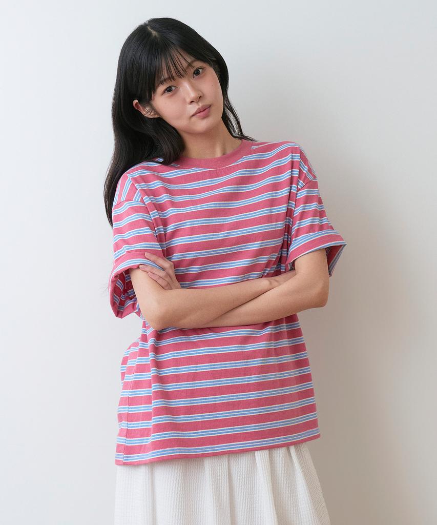 Sayu Striped Biscuit Short Sleeve T-Shirt Pink