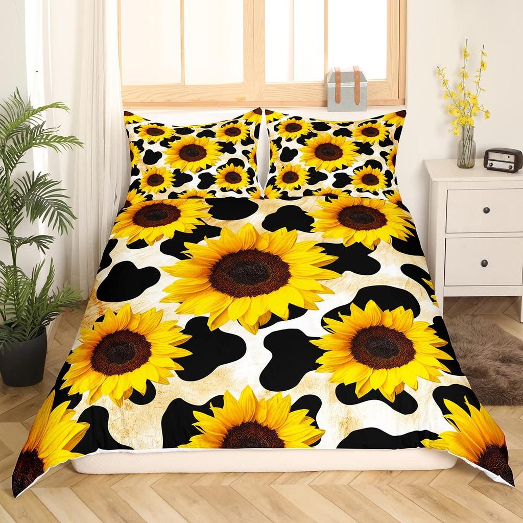 Sunflower Bedding Set For Kids Girls Boys Black White Milk Cow Print Comforter Cover Spring Summer Floral Duvet Cover