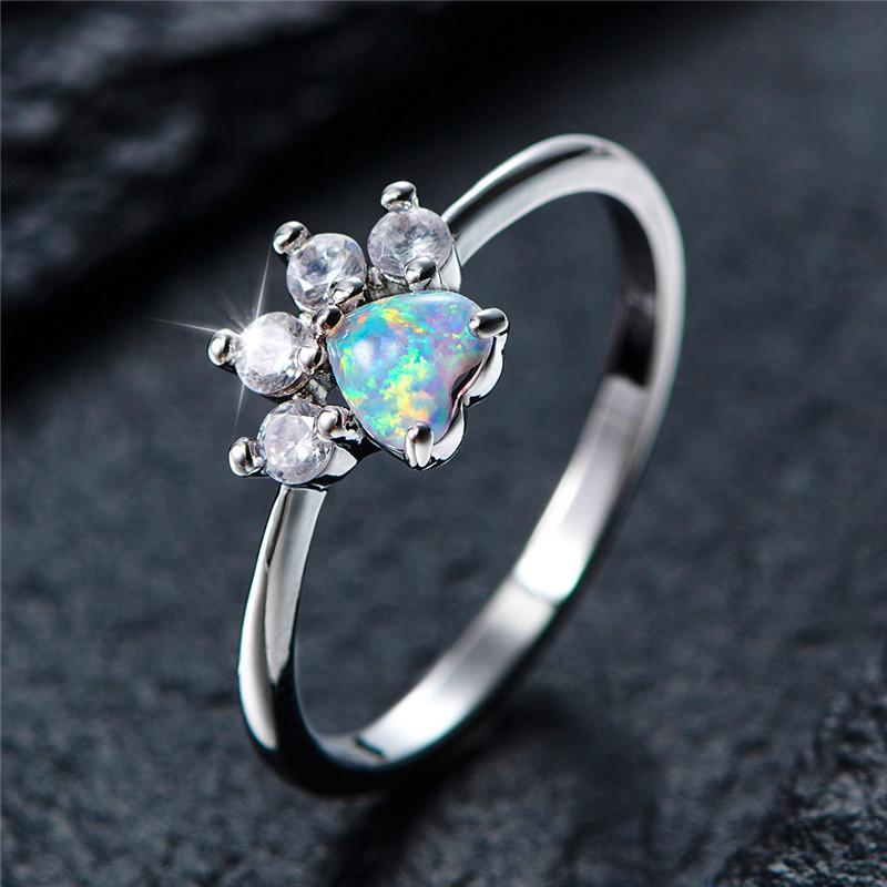 Cute Female Small Blue White Fire Opal Stone Ring  Vintage Dog Cat Paw Claw Heart Wedding Jewelry For Women