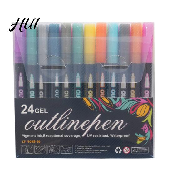 Radiating Lines Markers Dual-Tip Metallic Outline Pens Fluorescent Marker with Colorful Borders Paint Smooth Tip Highlighters for Cards Crafts & Notes