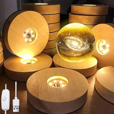 Drewniana podstawa do lampki nocnej zasilana przez USB, okrągły design, dekoracyjny świecący stojak do lamp LED, żywiczny wyświetlacz, domowa lampa LED